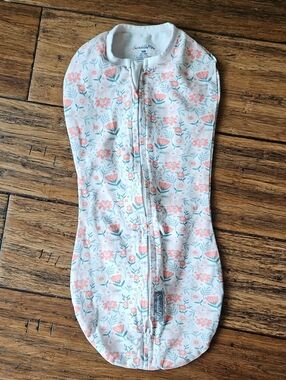 NB SwaddleMe Floral Zip Swaddle in White with Coral & Teal Flowers
